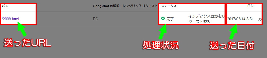 インデックス登録依頼の処理状況