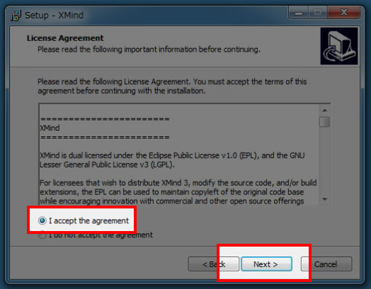 【I accept the agreement】にチェックを入れて【Next】をクリック