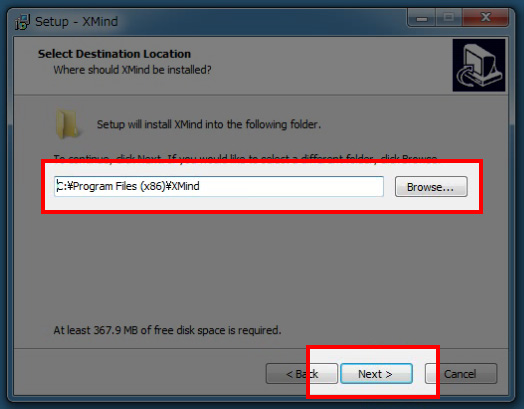 インストール先のフォルダを決めて次へ進みます。